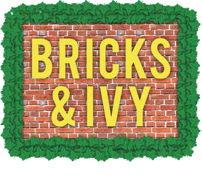 A brick wall with Bricks & Ivy in yellow, bordered by ivy, and Tavern & Food below.