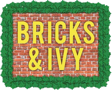 A brick wall with BRICKS & IVY in yellow, bordered by green ivy at this Spring Grove sports bar.