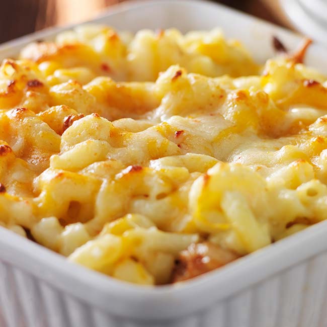 Close-up of baked macaroni and cheese at a cozy restaurant in Spring Grove.