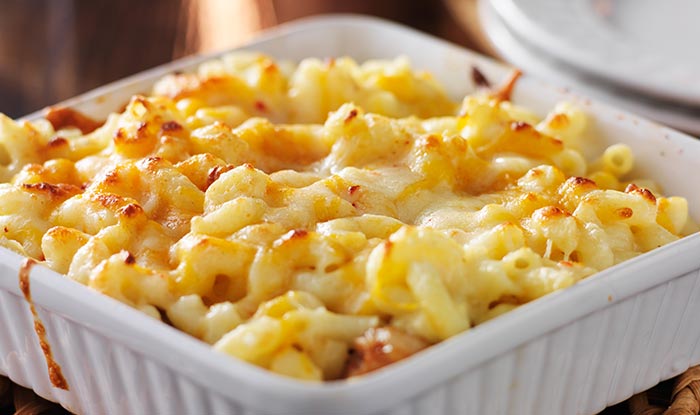 Baked macaroni and cheese from Bricks & Ivy in Spring Grove, with a golden, melted cheese topping.