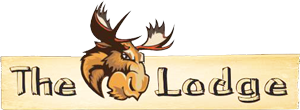 A wooden sign with a moose head and The Lodge in stylized lettering, perfect for a tavern.